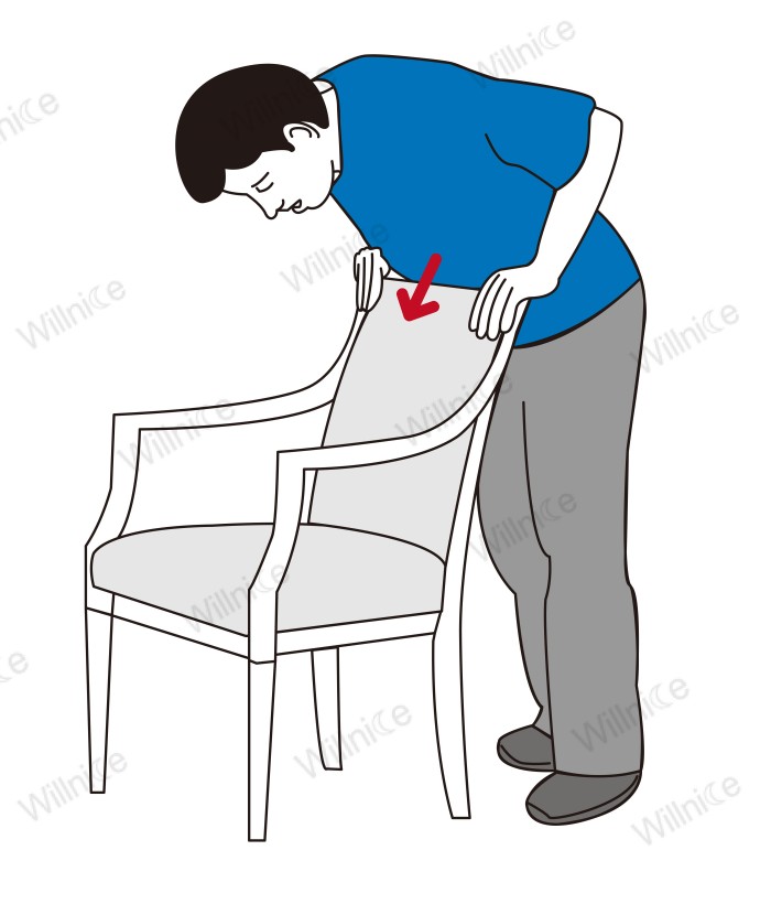 Perform a self-Heimlich maneuver using a chair back for abdominal thrusts