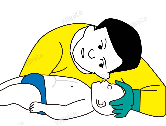 Checking an infant's breathing by placing an ear near their mouth and nose