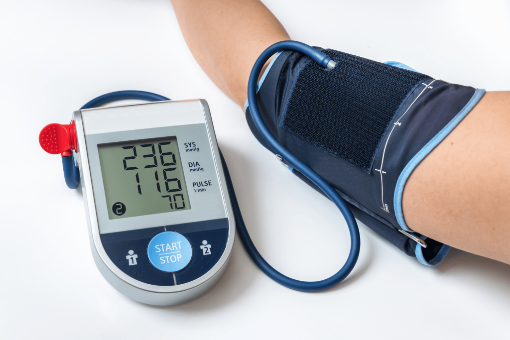 Blood pressure monitor with high pressure level on screen