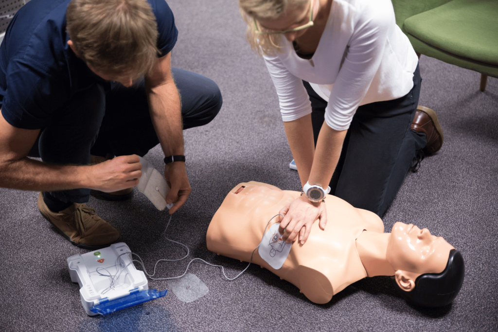 First Aid Cardiopulmonary Resuscitation Course Using Automated External Defibrillator Device, AED.